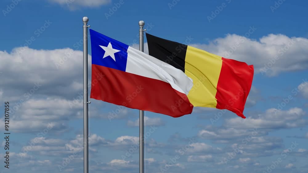Belgium and Chile flags flying together, video concept of the relationship, two country relations concept Belgium and Chile flags flying together, video concept of the relationship, two country relations concept
