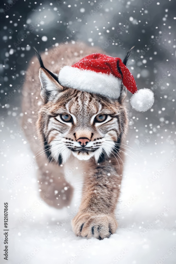 Festive Feline: Graceful Lynx in Santa Hat Navigating Snowy Cyberpunk Forest with Dramatic Lighting, Generative AI Festive Feline: Graceful Lynx in Santa Hat Navigating Snowy Cyberpunk Forest with Dramatic Lighting, Generative AI