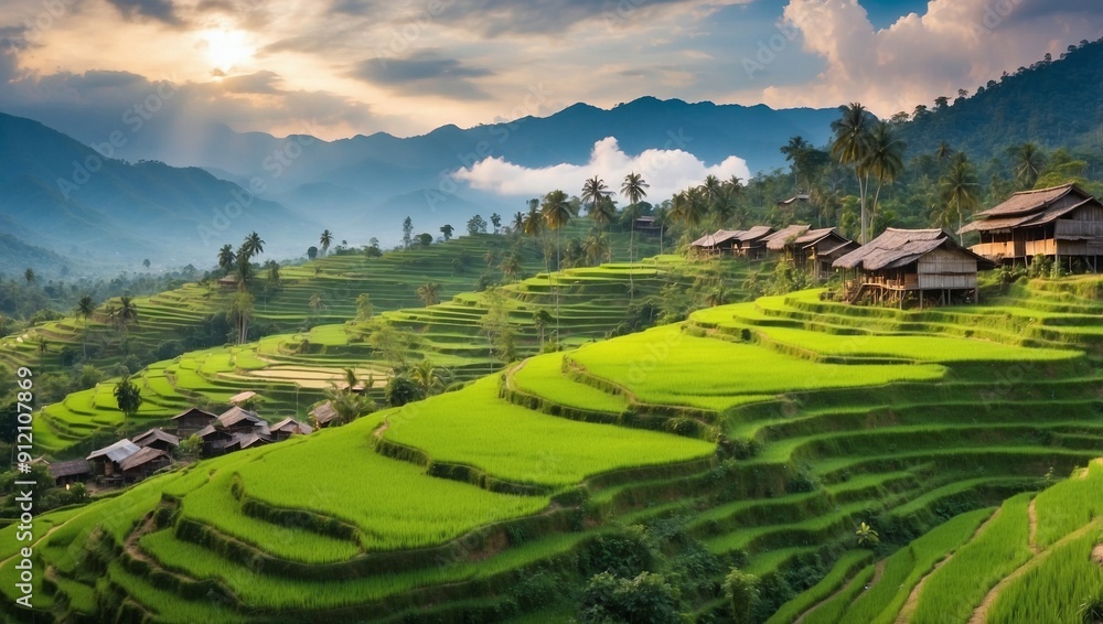 Fototapeta premium Green Landscape of Mountain Hills and Rice Field in The Village.