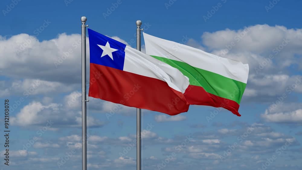 Bulgaria and Chile flags flying together, video concept of the relationship, two country relations concept Bulgaria and Chile flags flying together, video concept of the relationship, two country relations concept