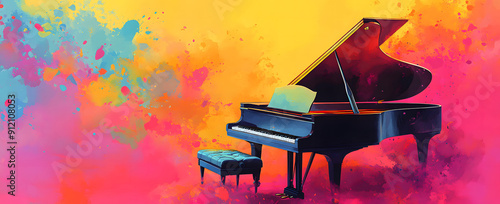 A vibrant, abstract digital illustration of a grand piano. The piano is depicted in a spectrum of bright colors, with splashes of paint bursting from its surface and surrounding area. photo