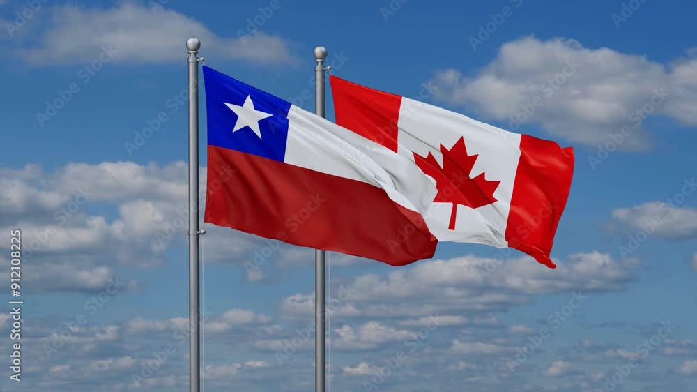 Canada and Chile flags flying together, video concept of the relationship, two country cooperation concept Canada and Chile flags flying together, video concept of the relationship, two country cooperation concept