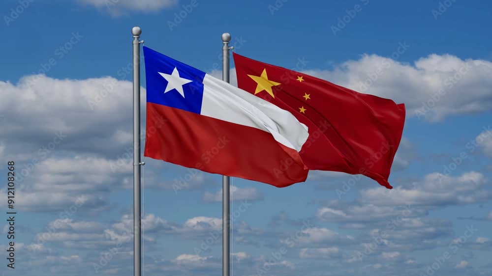 China and Chile flags flying together, video concept of the relationship, two country relations concept China and Chile flags flying together, video concept of the relationship, two country relations concept