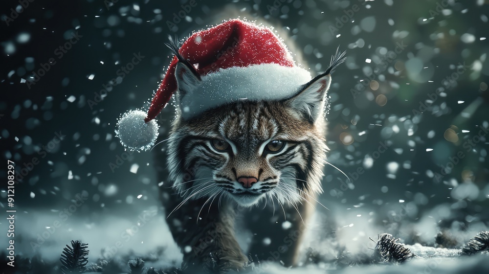 Futuristic Christmas Lynx: Graceful Cyberpunk Cat in Santa Hat Roaming Snowy Forest with Dynamic Lighting, Generative AI Futuristic Christmas Lynx: Graceful Cyberpunk Cat in Santa Hat Roaming Snowy Forest with Dynamic Lighting, Generative AI