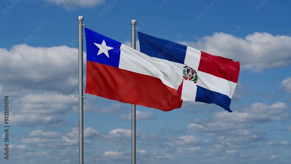 Dominican Republic and Chile flags flying together, video concept of the relationship, two country relations concept Dominican Republic and Chile flags flying together, video concept of the relationship, two country relations concept