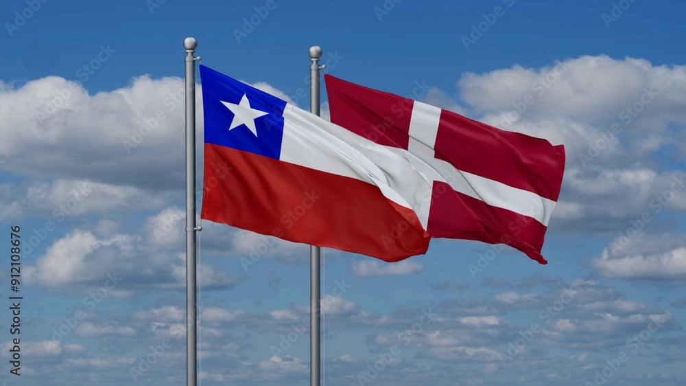 Denmark and Chile flags flying together, video concept of the relationship, two country relations concept Denmark and Chile flags flying together, video concept of the relationship, two country relations concept