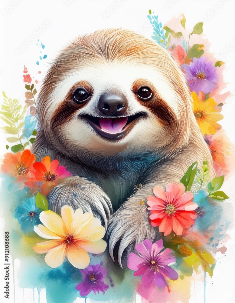 Obraz premium Sloth with flowers in watercolor on a white background 