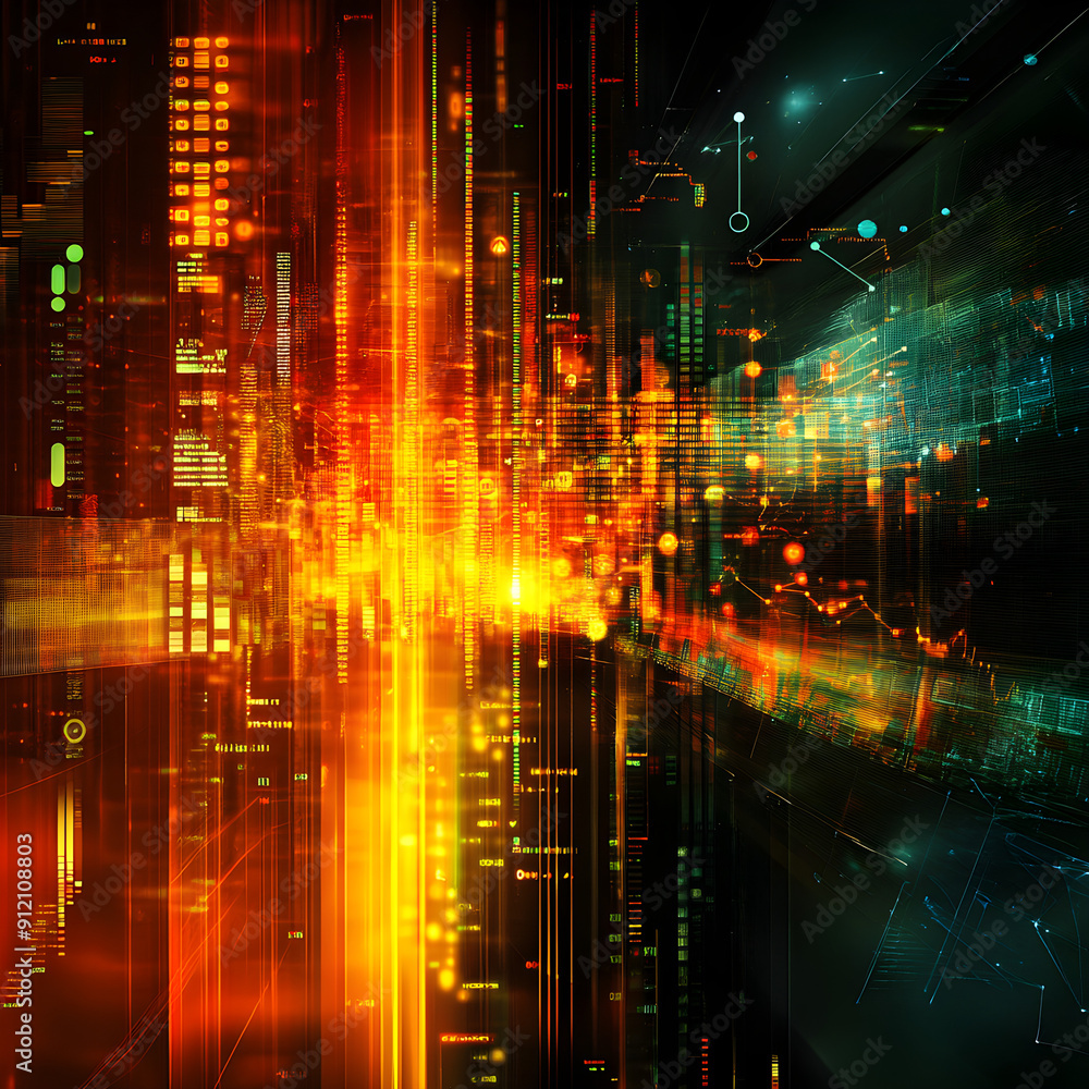 Fototapeta premium Abstract digital art with vibrant orange and green light streaks, representing data flow and technology.