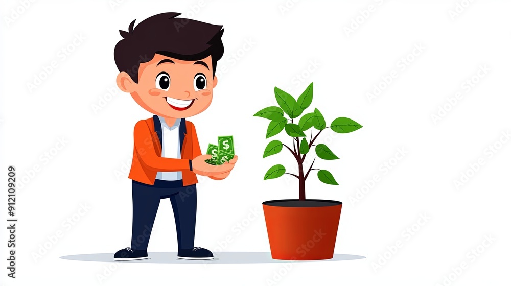 A happy cartoon character planting a money tree, symbolizing growth and financial prosperity A happy cartoon character planting a money tree, symbolizing growth and financial prosperity