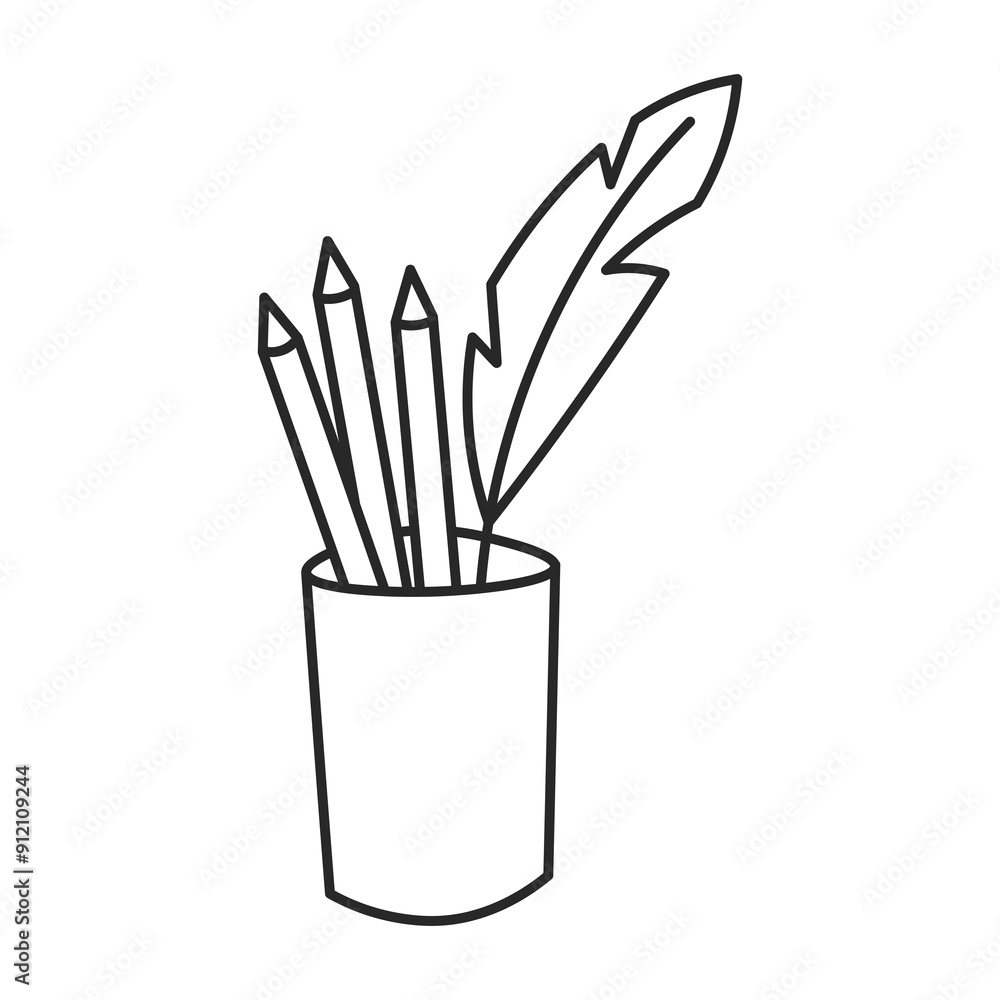Writing Supplies in Stand Doodle Icon. Hand drawn outline pencils pens and Feather standing in glass. Stationery for Writer. Vector Illustration Writing Supplies in Stand Doodle Icon. Hand drawn outline pencils pens and Feather standing in glass. Stationery for Writer. Vector Illustration