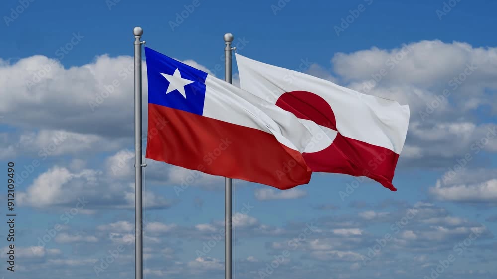 Greenland and Chile flags flying together, video concept of the relationship, two country relations concept Greenland and Chile flags flying together, video concept of the relationship, two country relations concept
