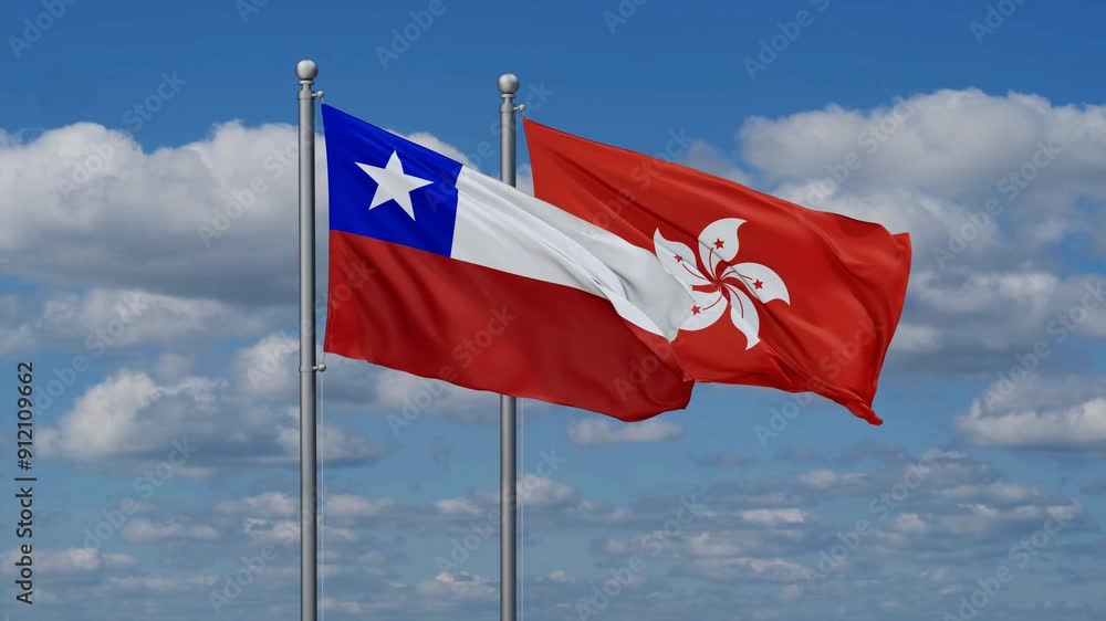 Hong Kong and Chile flags flying together, video concept of the relationship, two country relations concept Hong Kong and Chile flags flying together, video concept of the relationship, two country relations concept