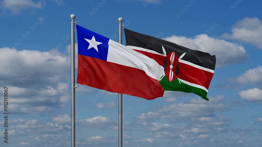 Kenya and Chile flags flying together, video concept of the relationship, two country relations concept Kenya and Chile flags flying together, video concept of the relationship, two country relations concept