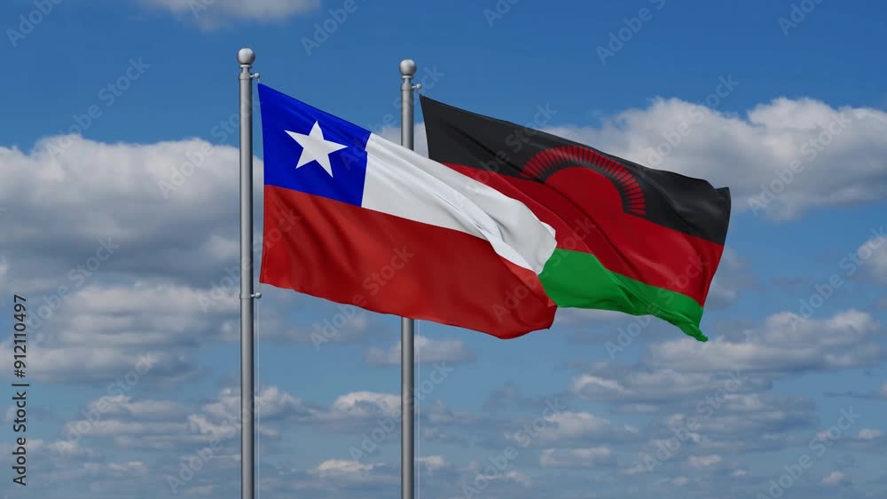 Malawi and Chile flags flying together, video concept of the relationship, two country relations concept Malawi and Chile flags flying together, video concept of the relationship, two country relations concept
