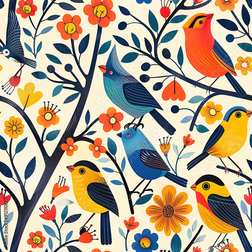 Seamless cartoon pattern of birds and flowers in bright colors for children.