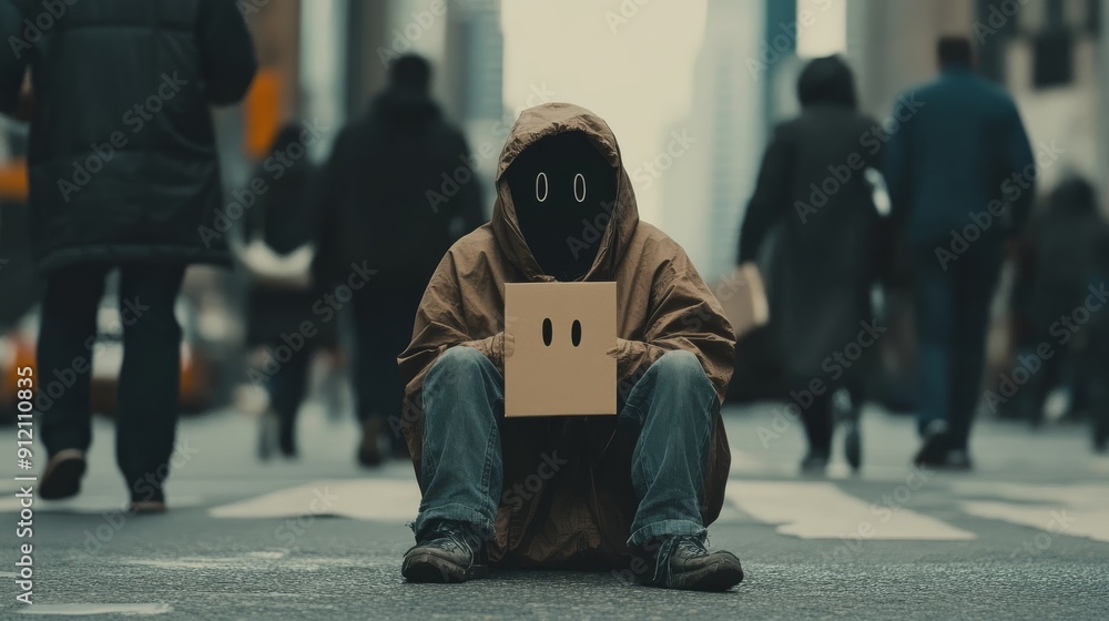 Obraz premium A powerful and emotional portrayal of a homeless person sitting on a city street with passersby walking by highlighting the issue of poverty and societal indifference