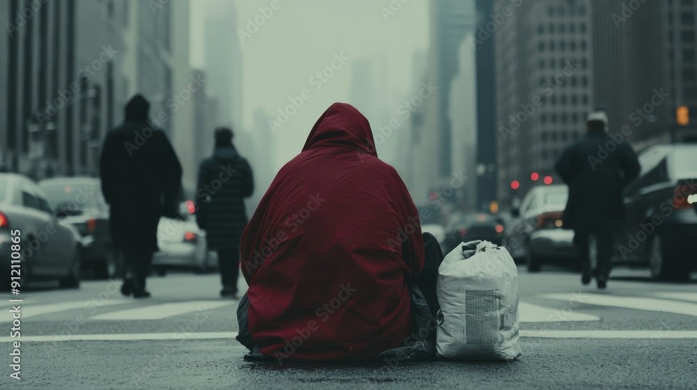 Obraz premium A powerful and emotional portrayal of a homeless person sitting on a city street with passersby walking by highlighting the issue of poverty and societal indifference
