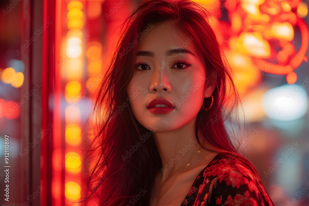 A woman with long hair and red lipstick is standing in front of a neon sign A woman with long hair and red lipstick is standing in front of a neon sign