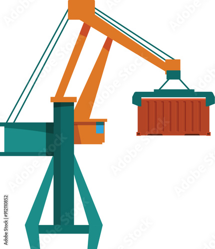 Large, industrial crane is lifting a cargo container at a busy shipping port