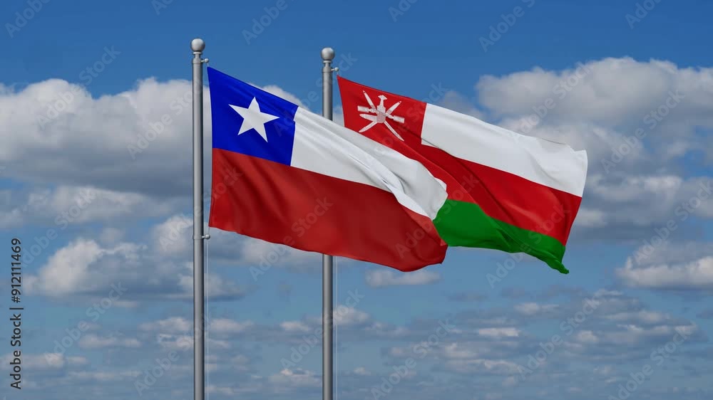 Oman and Chile flags flying together, video concept of the relationship, two country cooperation concept Oman and Chile flags flying together, video concept of the relationship, two country cooperation concept