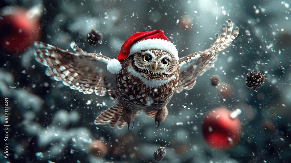 Enchanting Christmas Owl: Majestic bird in Santa hat soaring through snowy forest under moonlight on magical holiday night., Generative AI Enchanting Christmas Owl: Majestic bird in Santa hat soaring through snowy forest under moonlight on magical holiday night., Generative AI