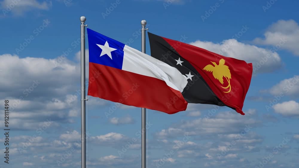 Papua New Guinea and Chile flags flying together, video concept of the relationship, two country relations concept Papua New Guinea and Chile flags flying together, video concept of the relationship, two country relations concept