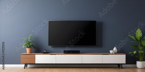 A modern TV stand with a large flat-screen TV mounted on the wall above it