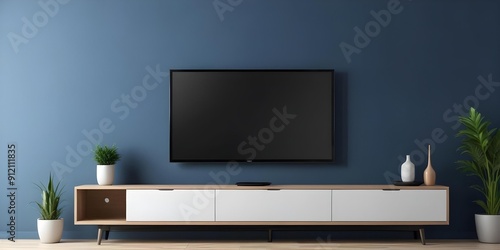 Wallpaper Mural A modern TV stand with a large flat-screen TV mounted on the wall above it Torontodigital.ca