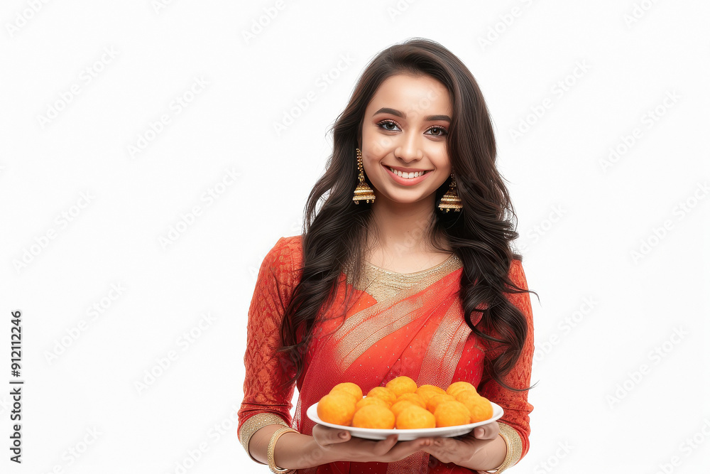 smiling beautiful young Indian woman wearing light pink colour dress and carrying a plate of sweet laddu smiling beautiful young Indian woman wearing light pink colour dress and carrying a plate of sweet laddu