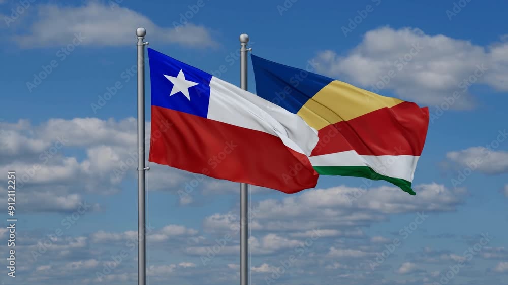 Seychelles and Chile flags flying together, video concept of the relationship, two country relations concept Seychelles and Chile flags flying together, video concept of the relationship, two country relations concept