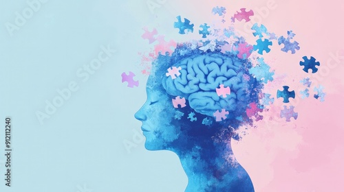 Vector art concept of Alzheimer Disease, Human head jigsaw puzzle with floating head pieces, Generative AI