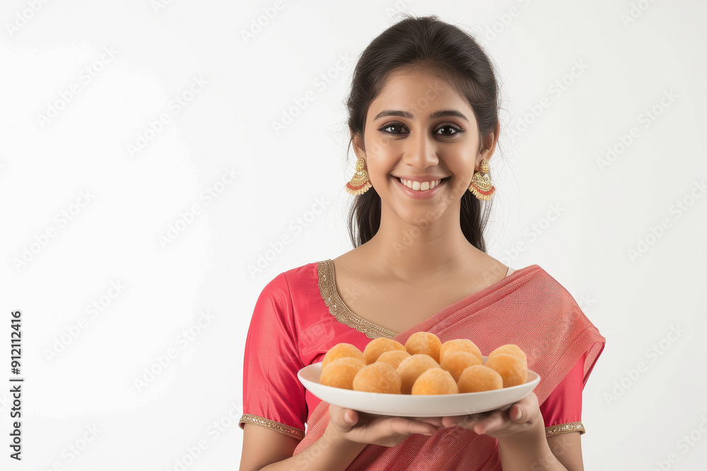 smiling beautiful young Indian woman wearing light pink colour dress and carrying a plate of sweet laddu smiling beautiful young Indian woman wearing light pink colour dress and carrying a plate of sweet laddu