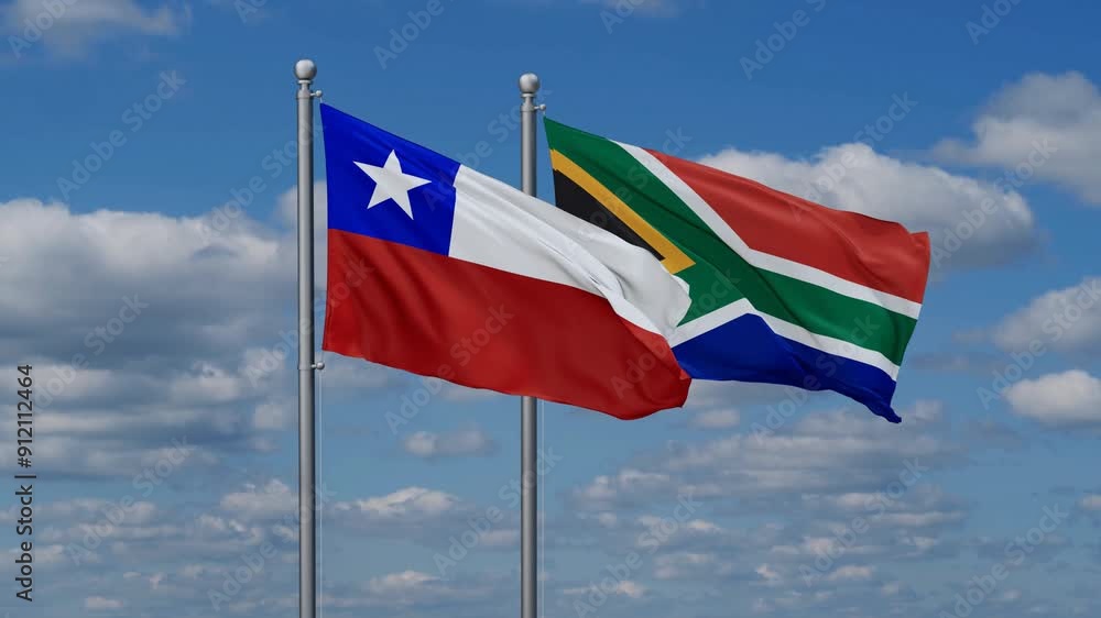 Republic of South Africa and Chile flags flying together, video concept of the relationship, two country cooperation concept Republic of South Africa and Chile flags flying together, video concept of the relationship, two country cooperation concept