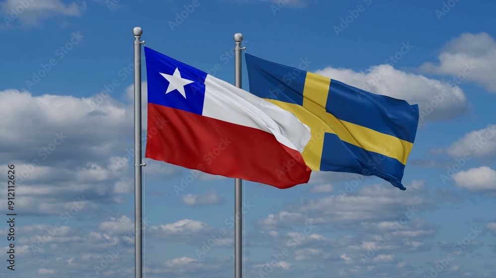 Sweden and Chile flags flying together, video concept of the relationship, two country cooperation concept Sweden and Chile flags flying together, video concept of the relationship, two country cooperation concept
