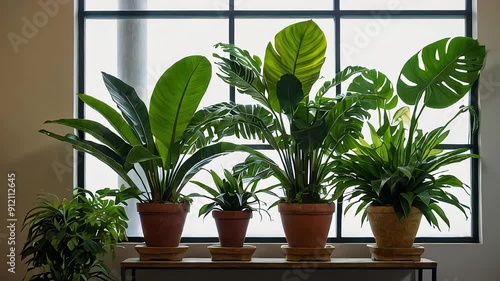 Tropical houseplant animation. Illustrating a variety of tropical houseplants showcasing their leaves, growth habits, and how they enhance interior spaces in vibrant compositions. photo