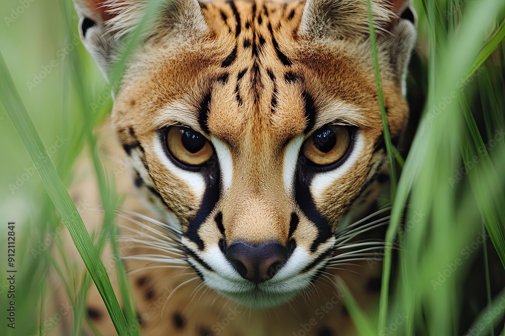 Close-up serval portrait in savannah with tall grass Close-up serval portrait in savannah with tall grass