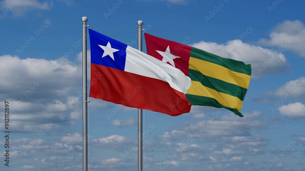 Togo, Togolese Republic and Chile flags flying together, video concept of the relationship, two country cooperation concept Togo, Togolese Republic and Chile flags flying together, video concept of the relationship, two country cooperation concept