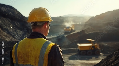 Skilled mining worker expertly operating heavy machinery in a dynamic open-pit mine showcasing precision and expertise photo