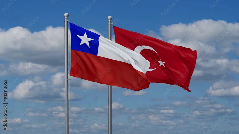 Republic of Turkey and Chile flags flying together, video concept of the relationship, two country cooperation concept Republic of Turkey and Chile flags flying together, video concept of the relationship, two country cooperation concept