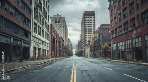 Desolate cityscape with abandoned buildings and empty streets symbolizing economic depression and financial crisis