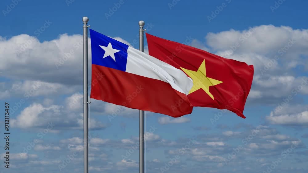 Vietnam and Chile flags flying together, video concept of the relationship Vietnam and Chile flags flying together, video concept of the relationship