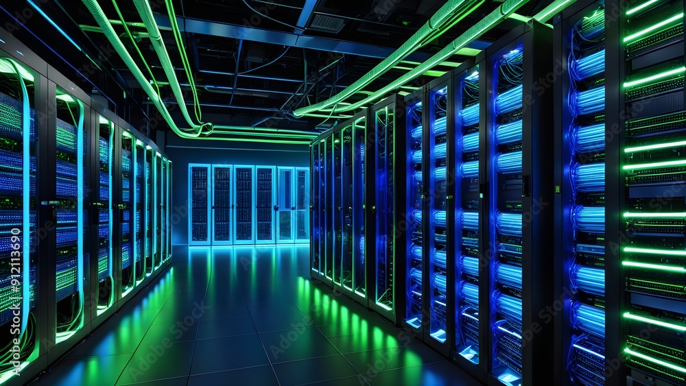 A large room with many computer servers and a neon green light A large room with many computer servers and a neon green light