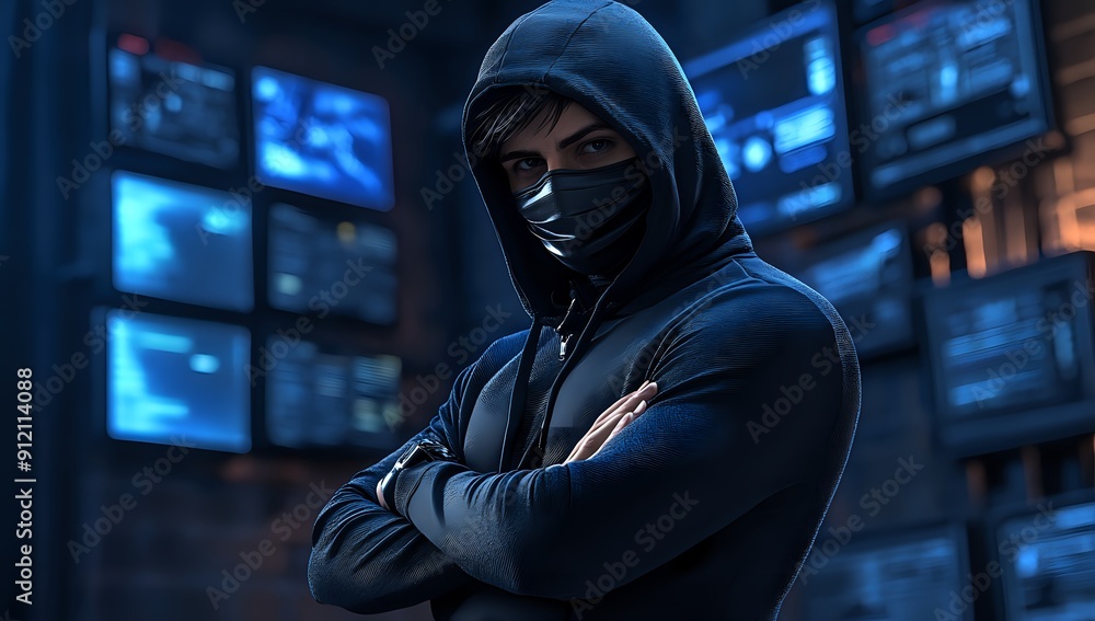 The Hacker Stands Watch Over a Network of Screens in a Dark Room, Cybersecurity and Digital Security The Hacker Stands Watch Over a Network of Screens in a Dark Room, Cybersecurity and Digital Security