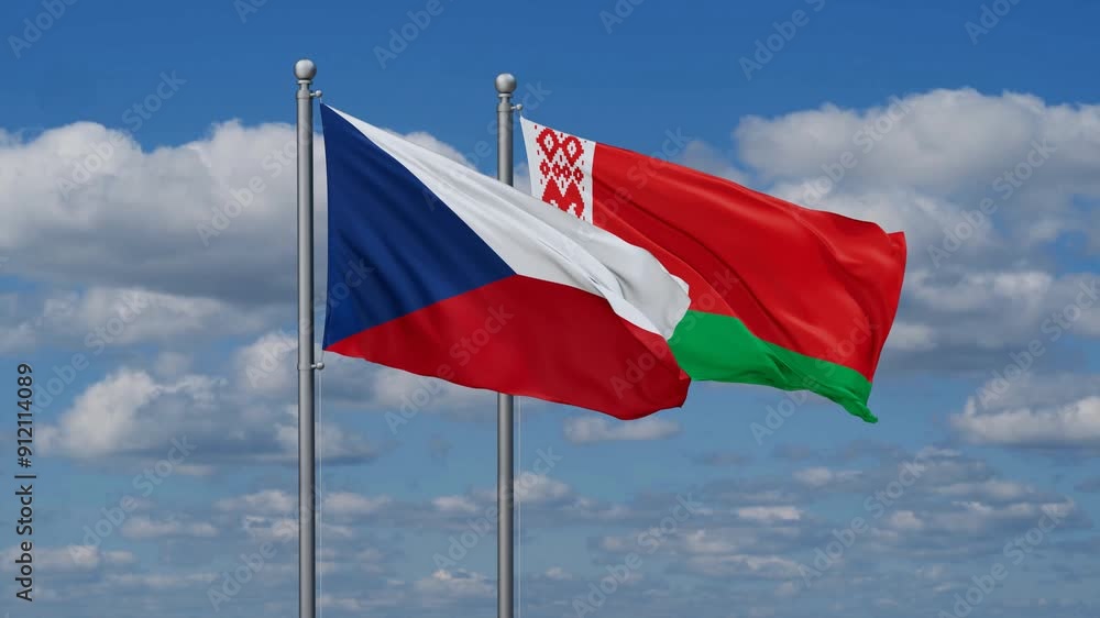 Belarus and Czech flags flying together, video concept of the relationship, two country cooperation concept Belarus and Czech flags flying together, video concept of the relationship, two country cooperation concept