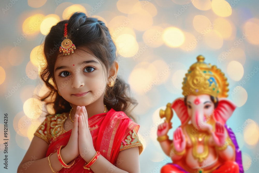 Fototapeta premium Indian cute girl wearing traditional dress and prayer, and side table top a big colourful and beautiful lord Ganesha statue. on light bokeh background.