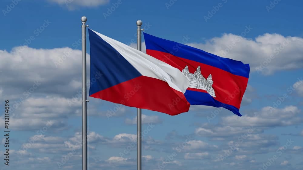 Cambodia and Czech flags flying together, video concept of the relationship, two country relations concept Cambodia and Czech flags flying together, video concept of the relationship, two country relations concept