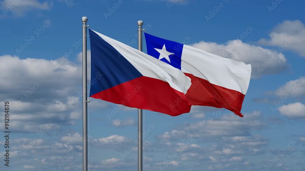 Chile and Czech flags flying together, video concept of the relationship, two country relations concept Chile and Czech flags flying together, video concept of the relationship, two country relations concept