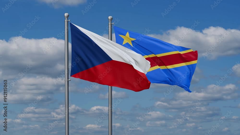 Democratic Republic of the Congo and Czech flags flying together, video concept of the relationship, two country relations concept Democratic Republic of the Congo and Czech flags flying together, video concept of the relationship, two country relations concept