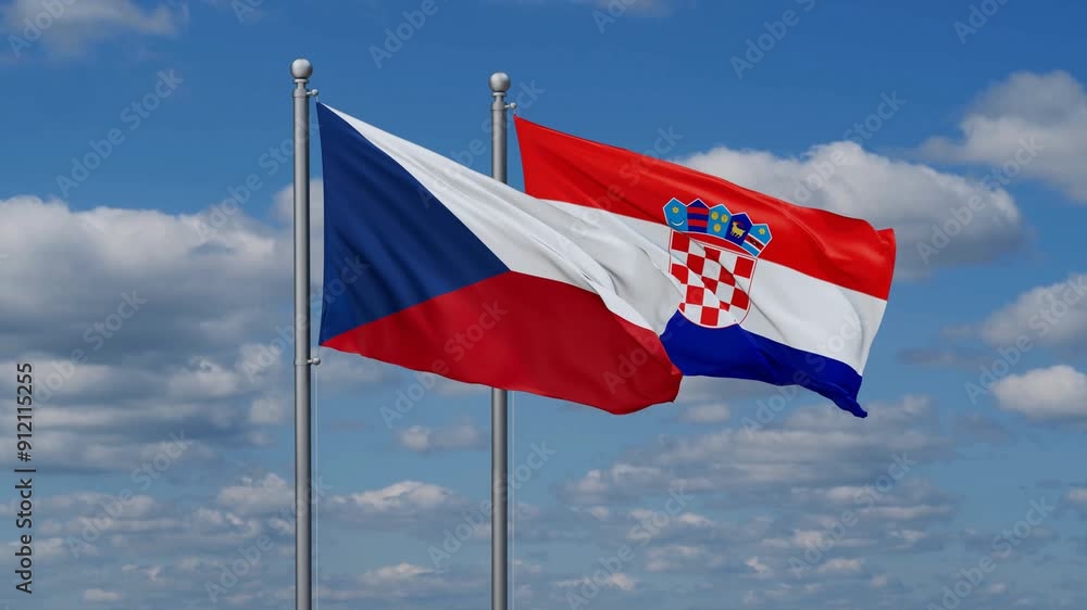 Croatia and Czech flags flying together, video concept of the relationship, two country cooperation concept