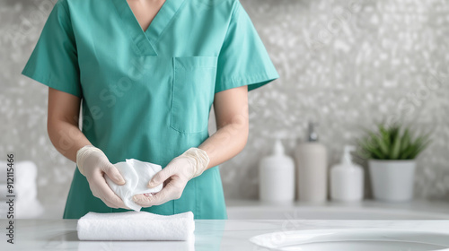 A woman performs meticulous wound care in her home bathroom, showcasing the importance of proper dressing changes for healing and hygiene. photo